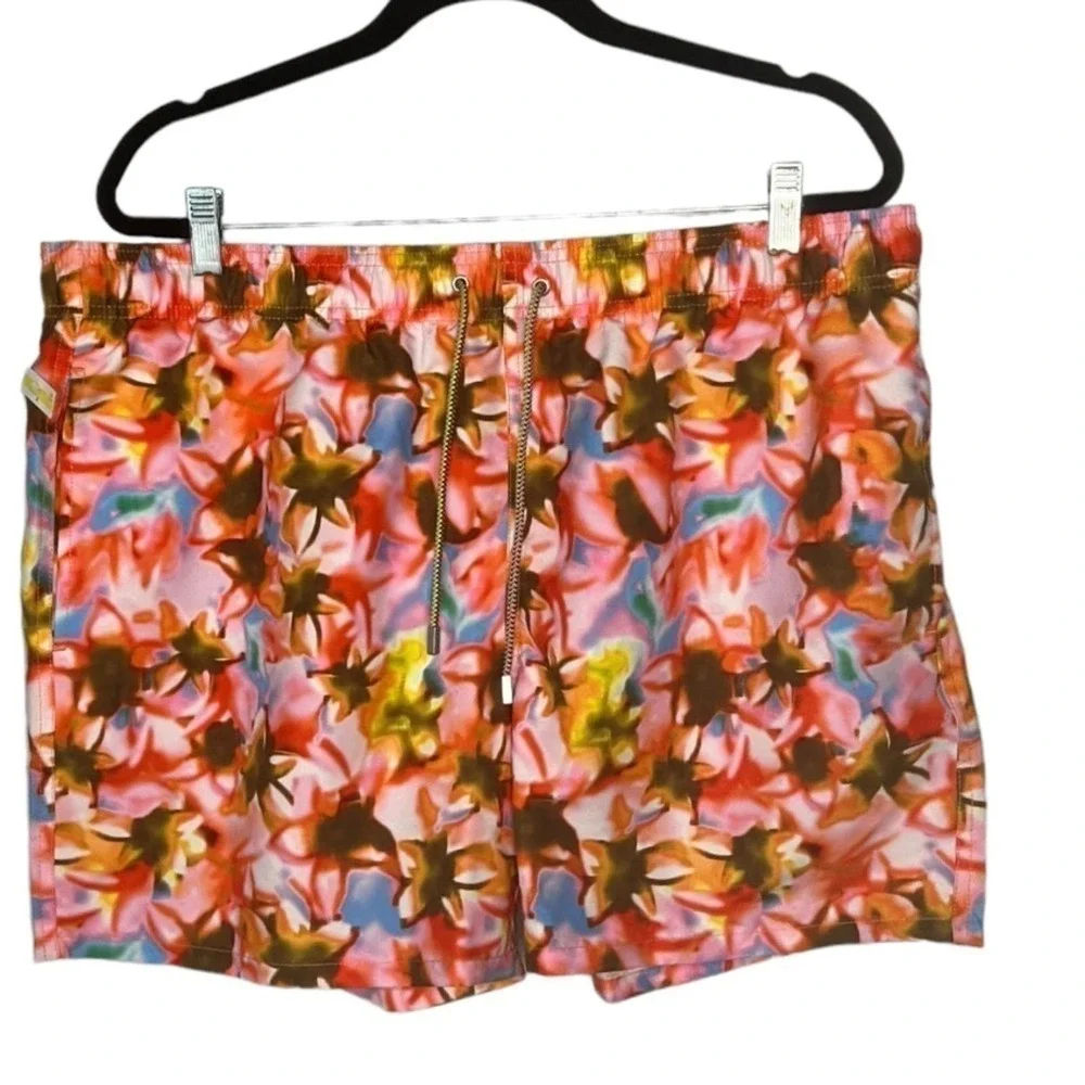 Bugatchi Tropical Print Swim Trunks Classic Lined Velcro Back Pocket Size XXL